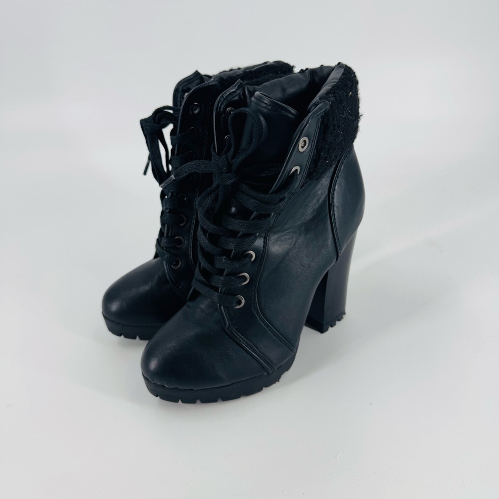 Bamboo Women’s Black Lace Up High Heel Ankle Boots Size 7.5 Chunky Heel Booties